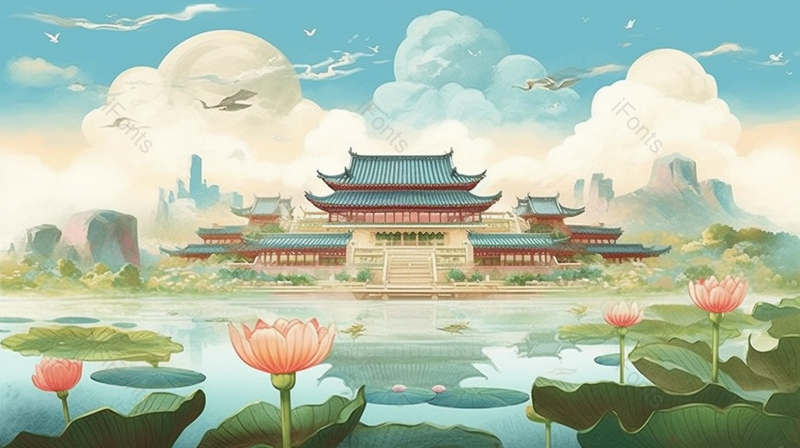 小清新芙蓉园水墨山水画,插画/手绘图,插画/手绘图库,插画/手绘图下载,插画/手绘